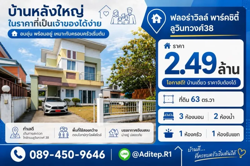 ขายบ้านเดี่ยวพร้อมอยู่ มีนบุรี ม.ฟลอร่าวิลล์ พาร์คซิตี้ ซอยสุวินทวงศ์38 เนื้อที่ 63 ตรว. 3 ห้องนอน แถมเฟอร์นิเจอร์ครบ พร้อมเข้าอยู่ได้เลย