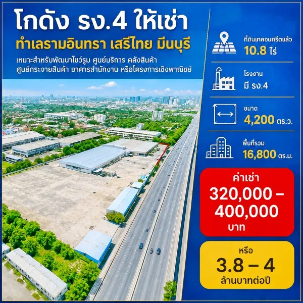 261007nosbjp ให้เช่า ที่ดิน ตลาดมีนบุรี 2.2 กม. ที่ดินเทคอนกรีตแล้ว โกดัง 10.8ไร่ โรงงาน มี รง.4 16,800 ตร.ม. ถนนรามอินทรา เสรีไทย ใกล้กับ