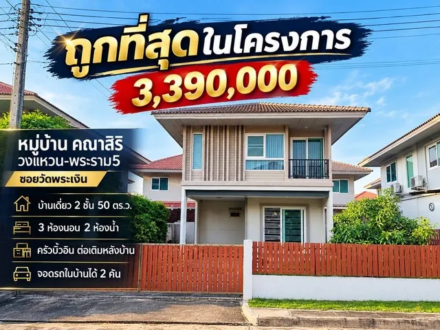 ถูกที่สุดในโครงการ 3,390,000 ราคานี้หาไม่ได้แล้ว หมู่บ้าน คณาสิริ วงแหนวน-พระราม5 ซอยวัดพระเงิน บ้านเดี่ยว 2ชั้น 50 ตร.ว